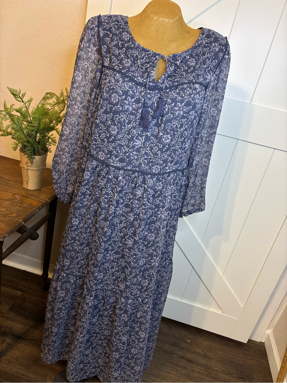 Lucky Brand Navy Blue Floral Tie-Neck Maxi Dress